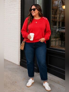 LOFT Red Crewneck Sweater with Embellished Shoulder